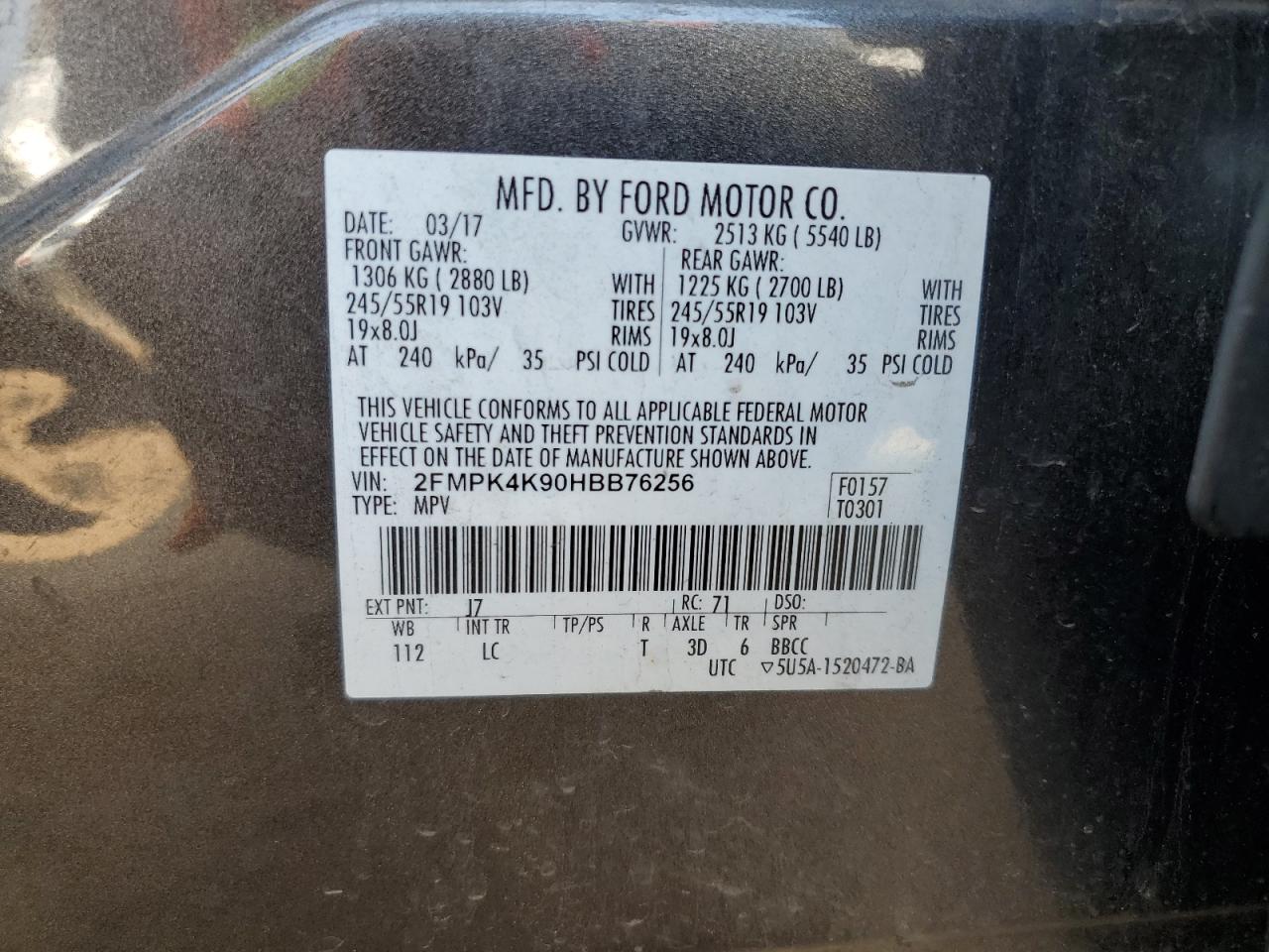 2017 Ford Edge Titanium VIN: 2FMPK4K90HBB76256 Lot: 64458074