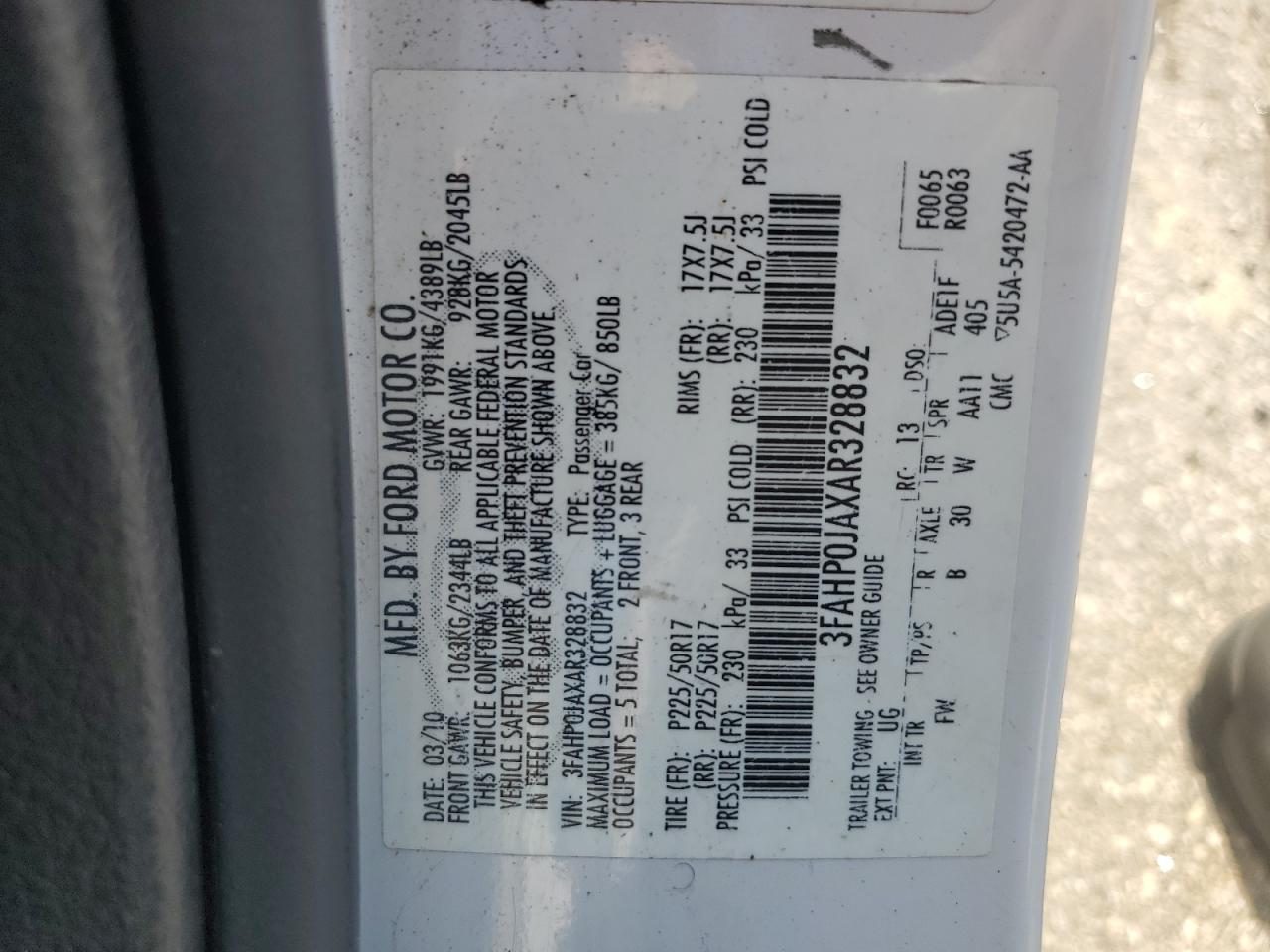 2010 Ford Fusion Sel VIN: 3FAHP0JAXAR328832 Lot: 63141764