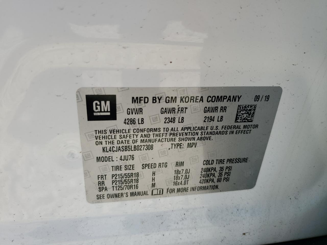 2020 Buick Encore Preferred VIN: KL4CJASB5LB027308 Lot: 64316444