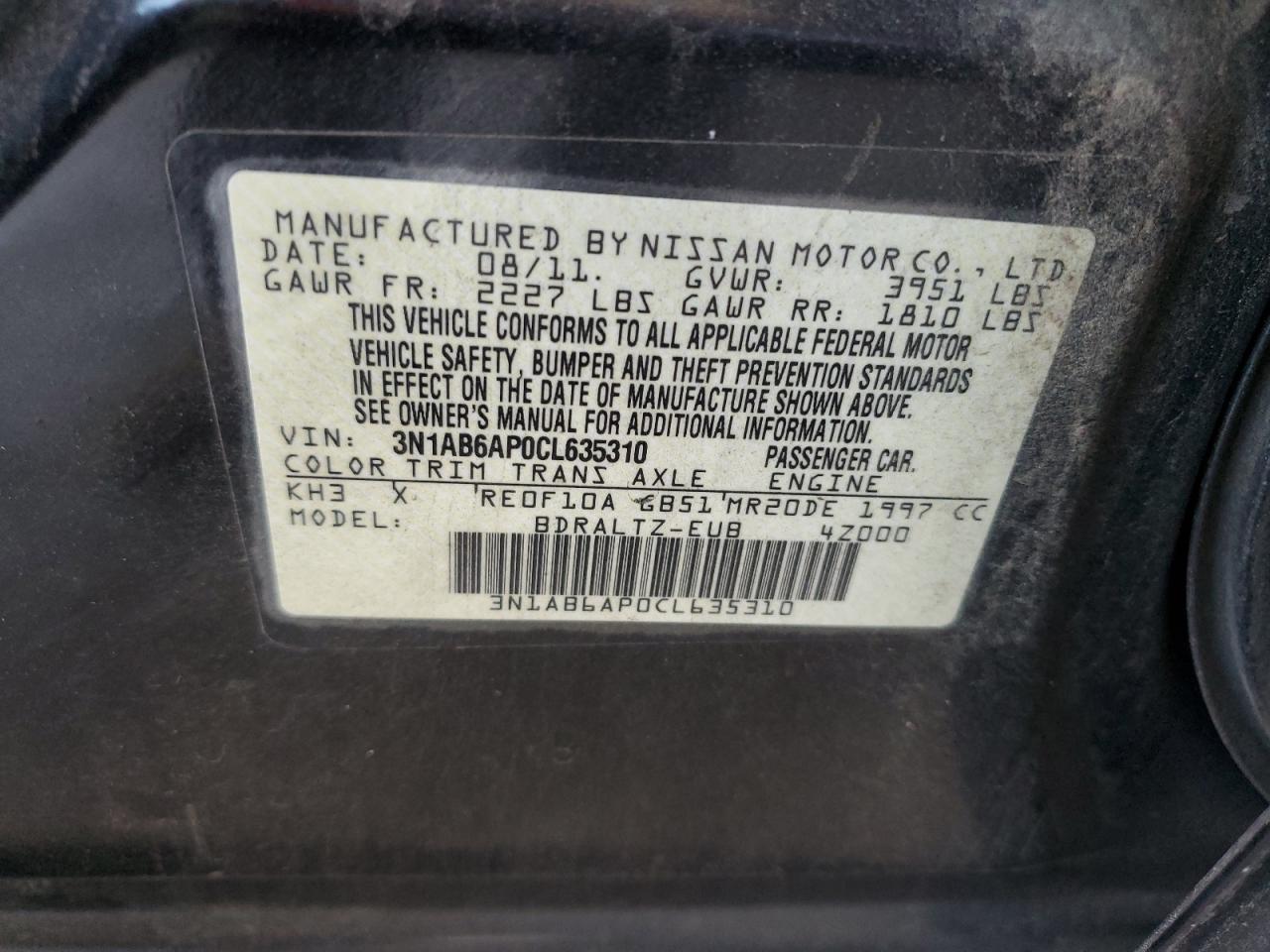 2012 Nissan Sentra 2.0 VIN: 3N1AB6AP0CL635310 Lot: 60612514