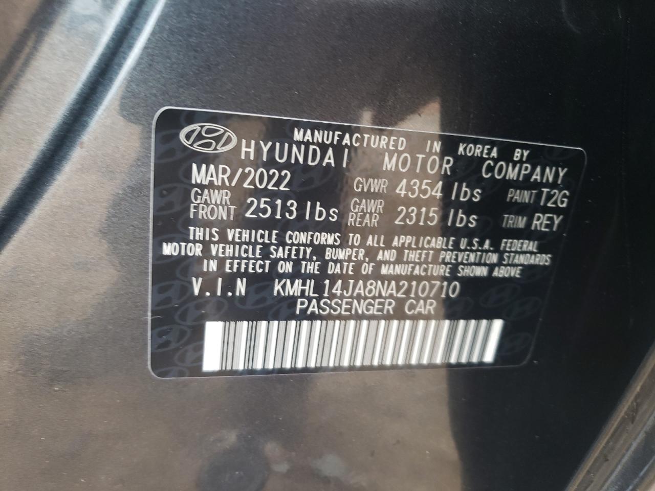 2022 Hyundai Sonata Sel VIN: KMHL14JA8NA210710 Lot: 62743704