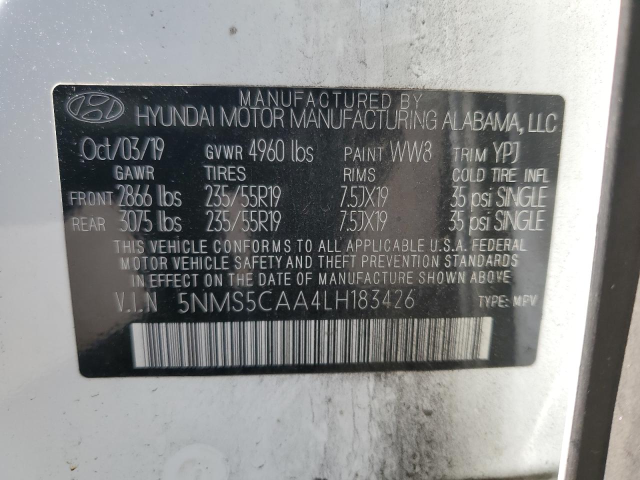 2020 Hyundai Santa Fe Limited VIN: 5NMS5CAA4LH183426 Lot: 62636334