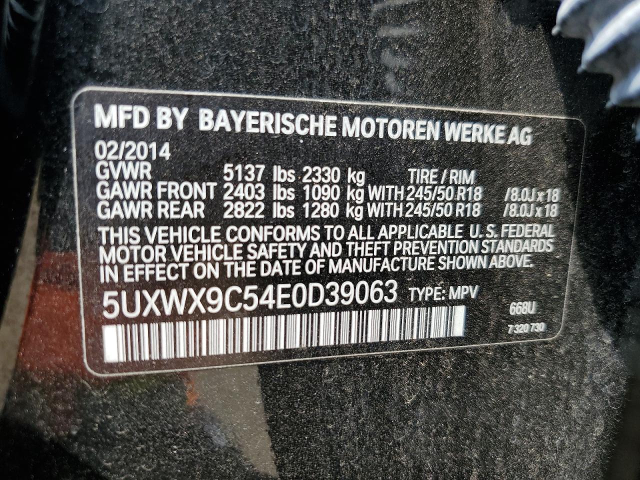 2014 BMW X3 xDrive28I VIN: 5UXWX9C54E0D39063 Lot: 63718804