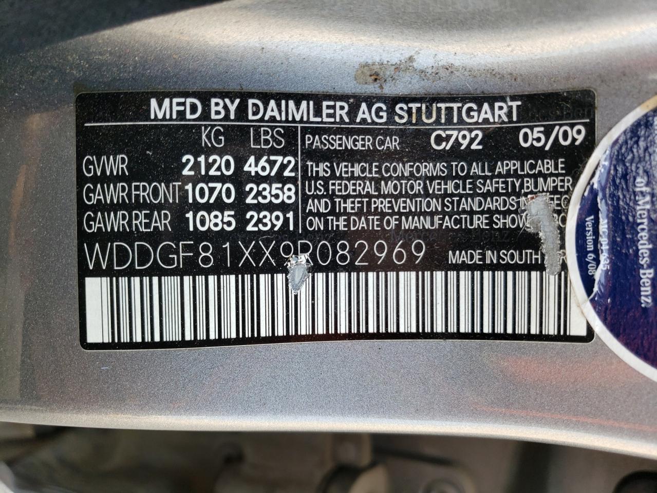 2009 Mercedes-Benz C 300 4Matic VIN: WDDGF81XX9R082969 Lot: 64212284