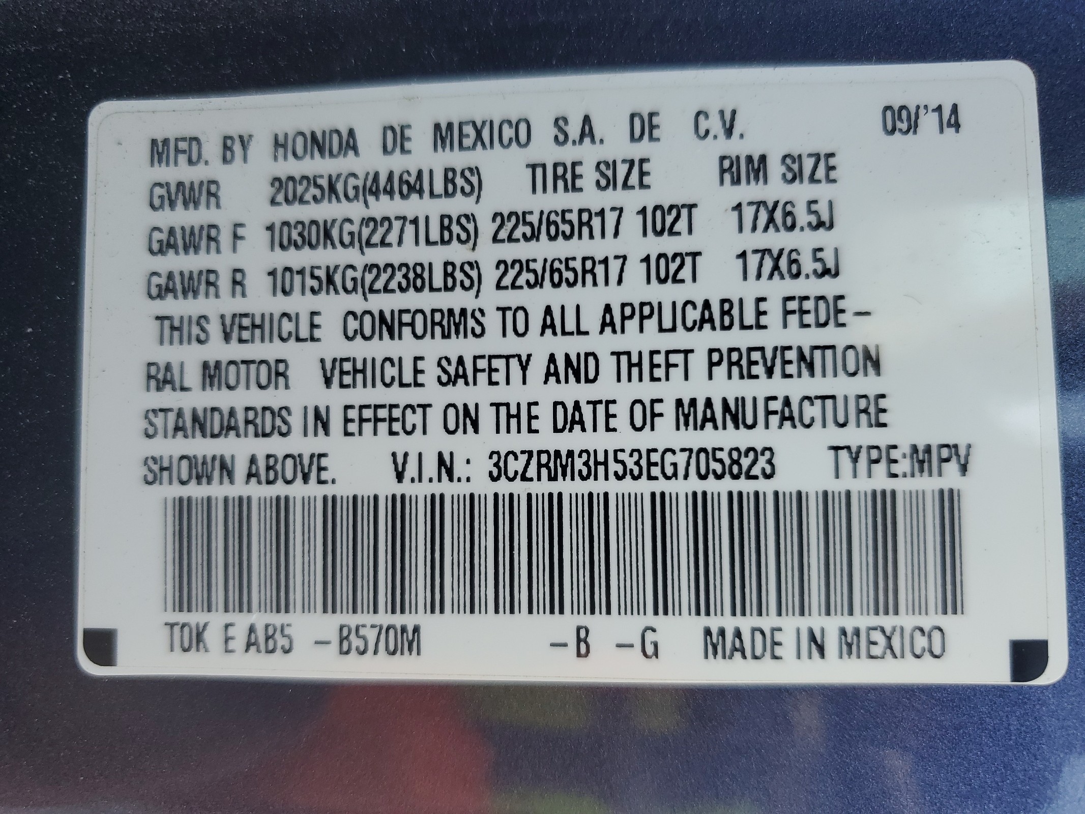 3CZRM3H53EG705823 2014 Honda Cr-V Ex