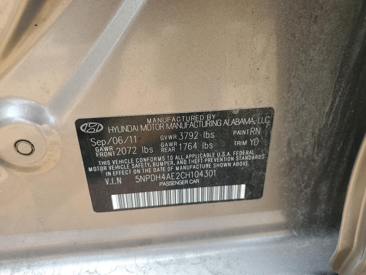 2012 Hyundai Elantra Gls VIN: 5NPDH4AE2CH104301 Lot: 63818714