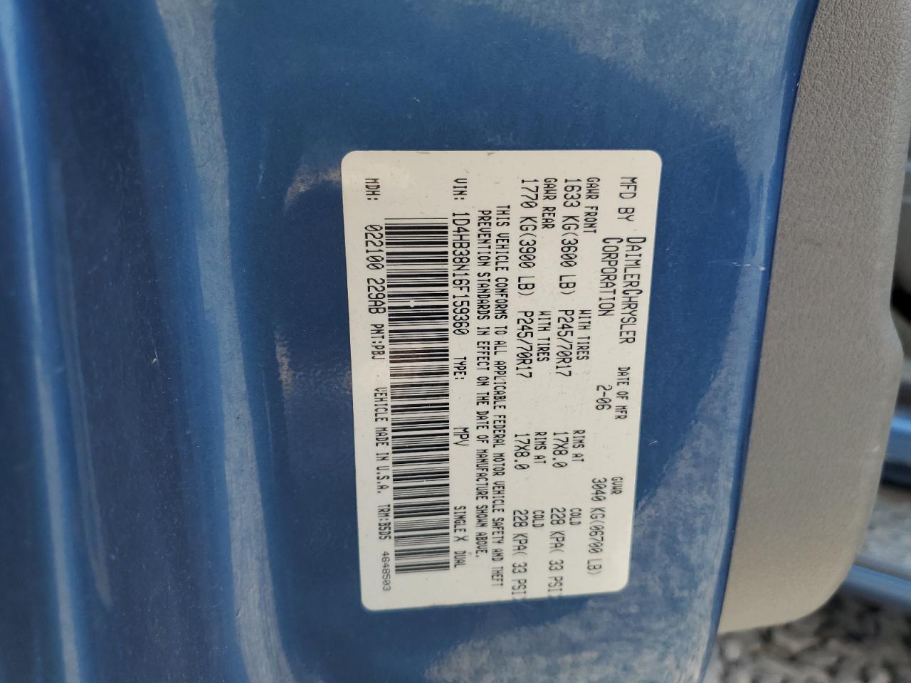 2006 Dodge Durango Sxt VIN: 1D4HB38N16F159360 Lot: 64271134