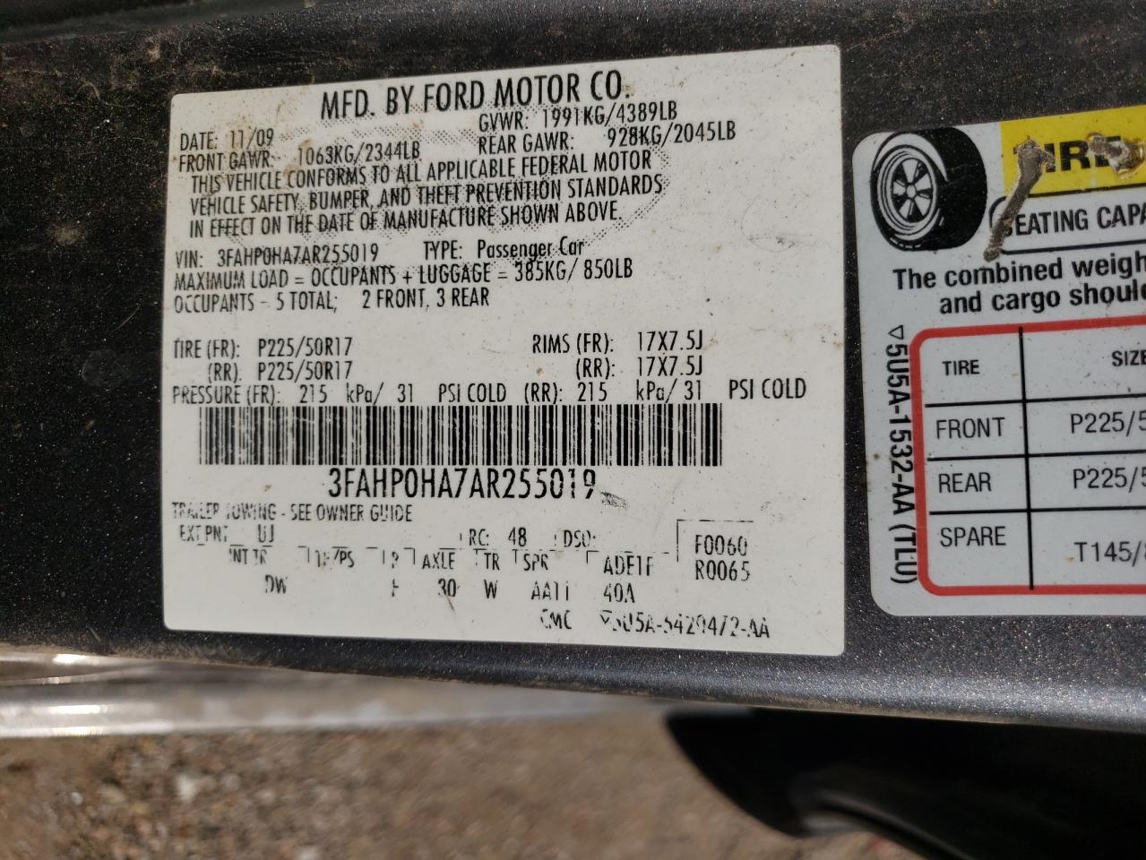 2010 Ford Fusion Se VIN: 3FAHP0HA7AR255019 Lot: 64122994