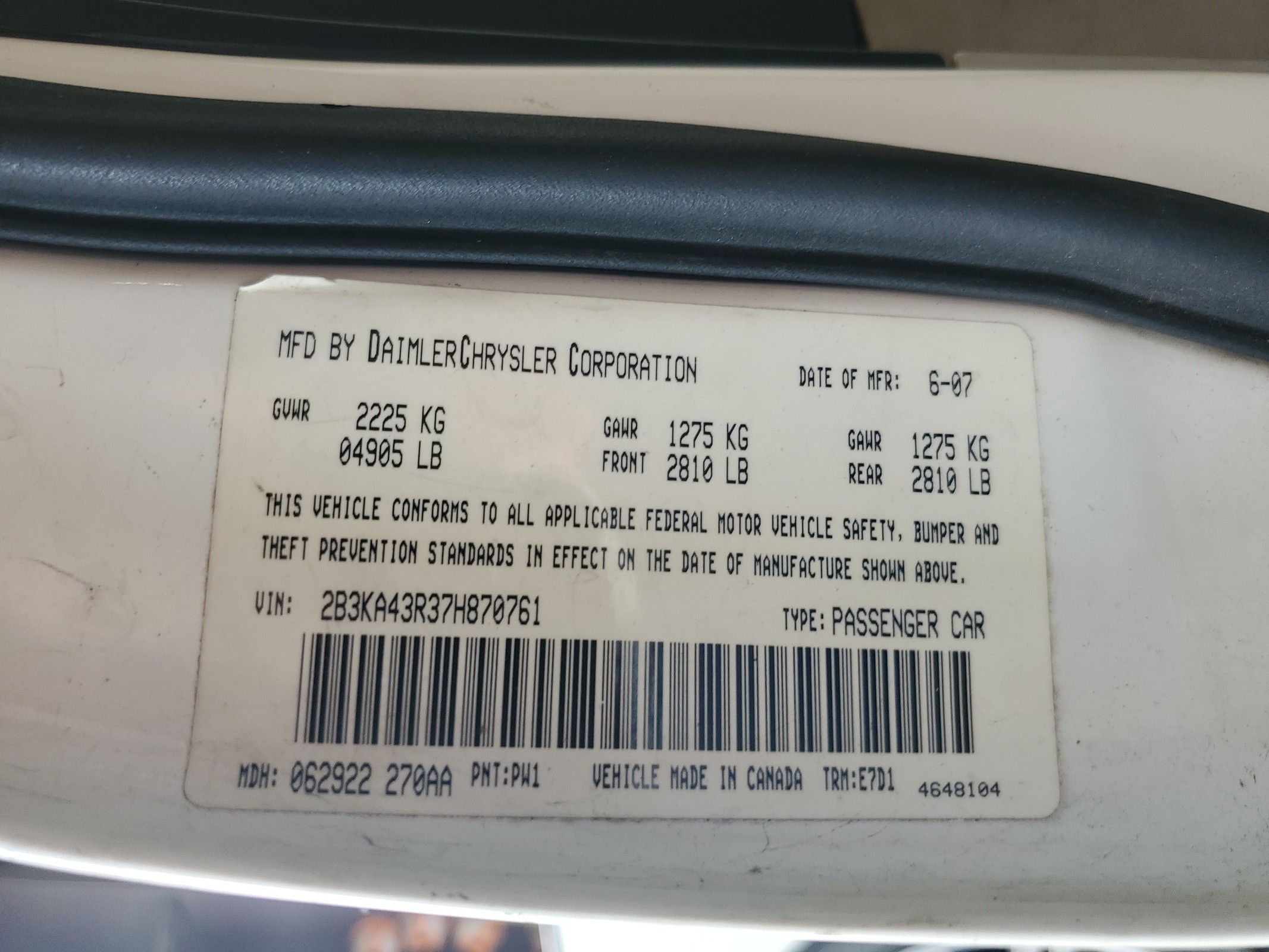 2B3KA43R37H870761 2007 Dodge Charger Se