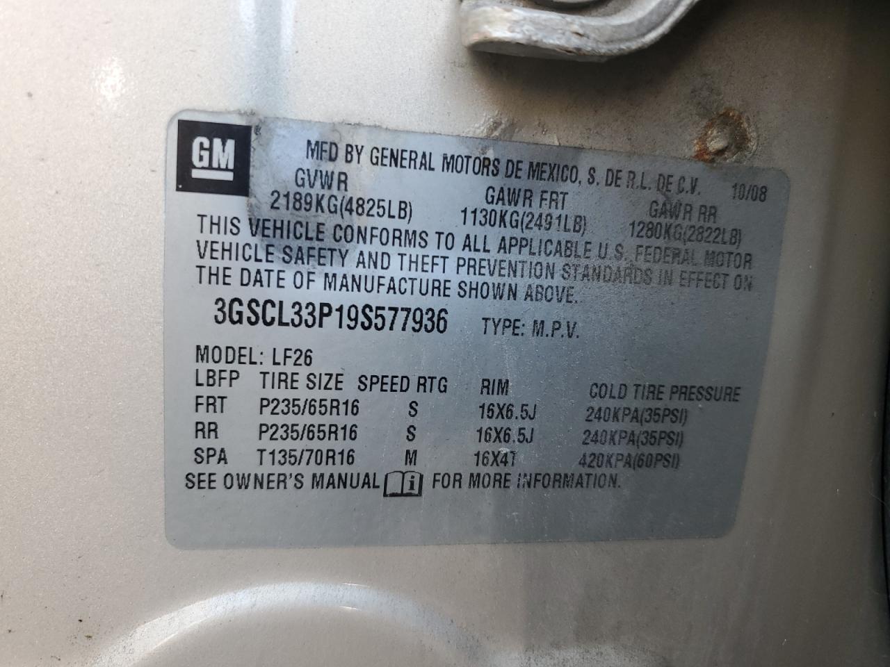 2009 Saturn Vue Xe VIN: 3GSCL33P19S577936 Lot: 65134984