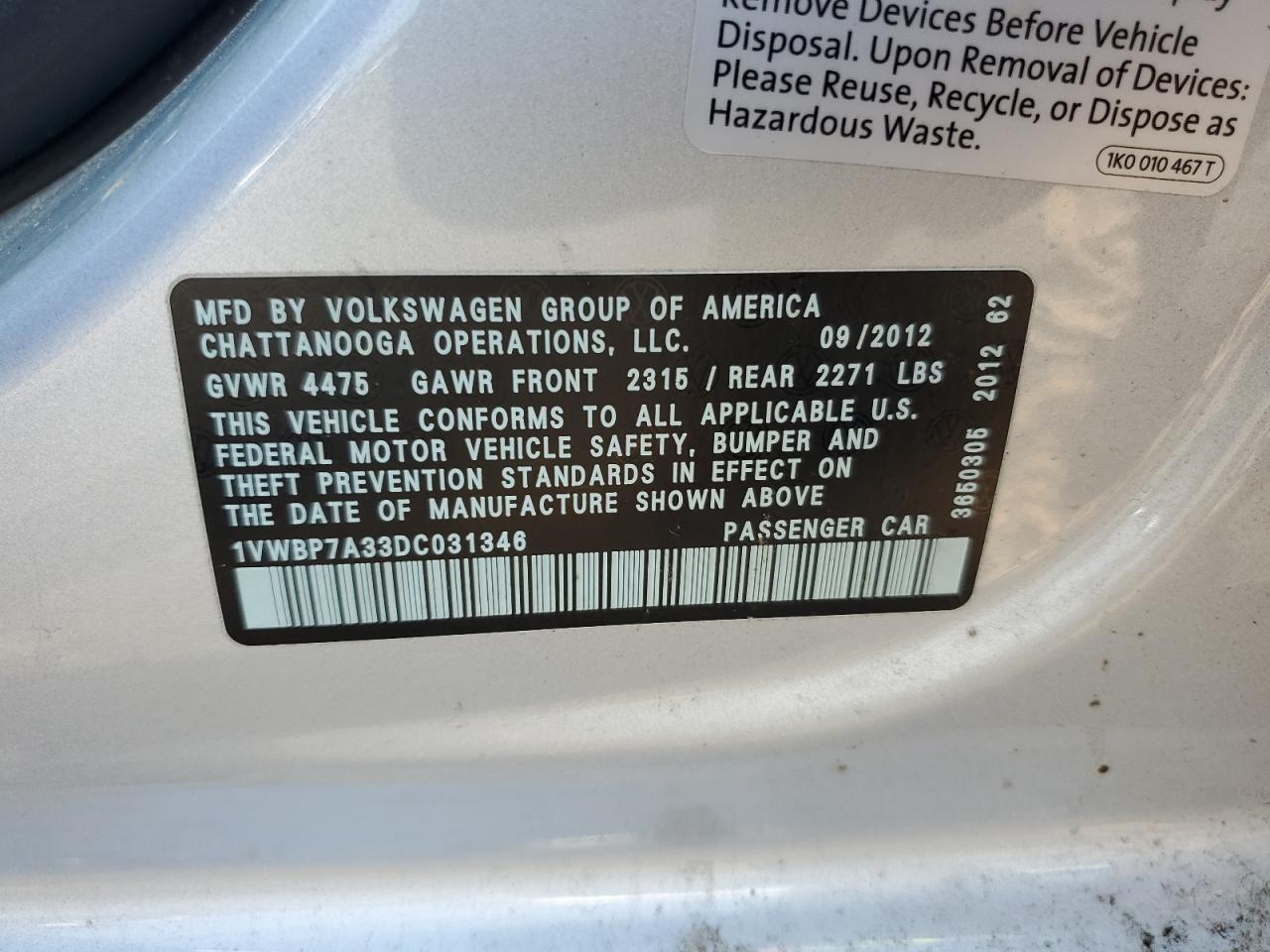 2013 Volkswagen Passat Se VIN: 1VWBP7A33DC031346 Lot: 61290844