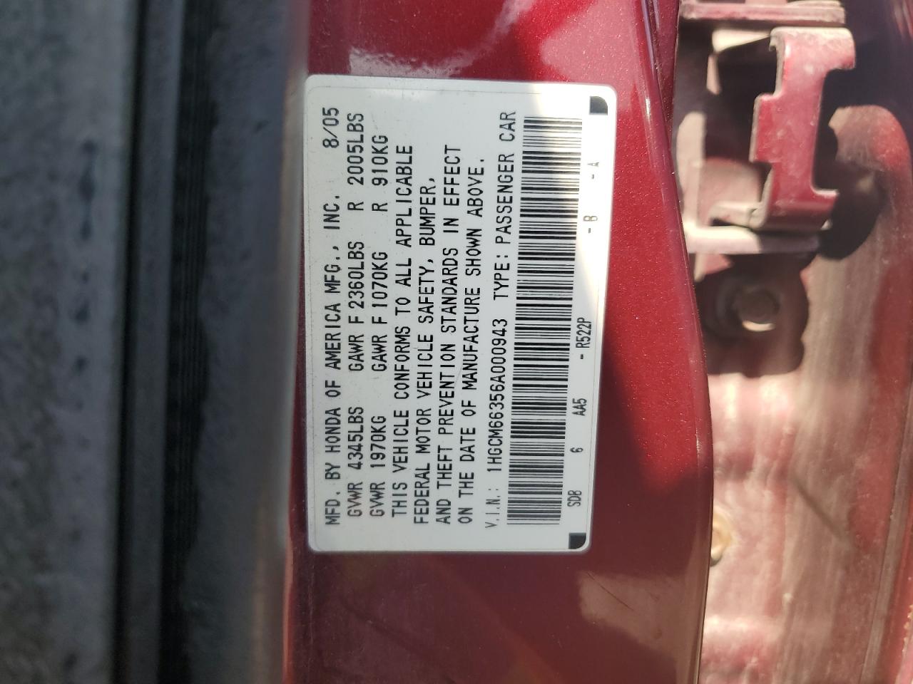 2006 Honda Accord Lx VIN: 1HGCM66356A000943 Lot: 64184664