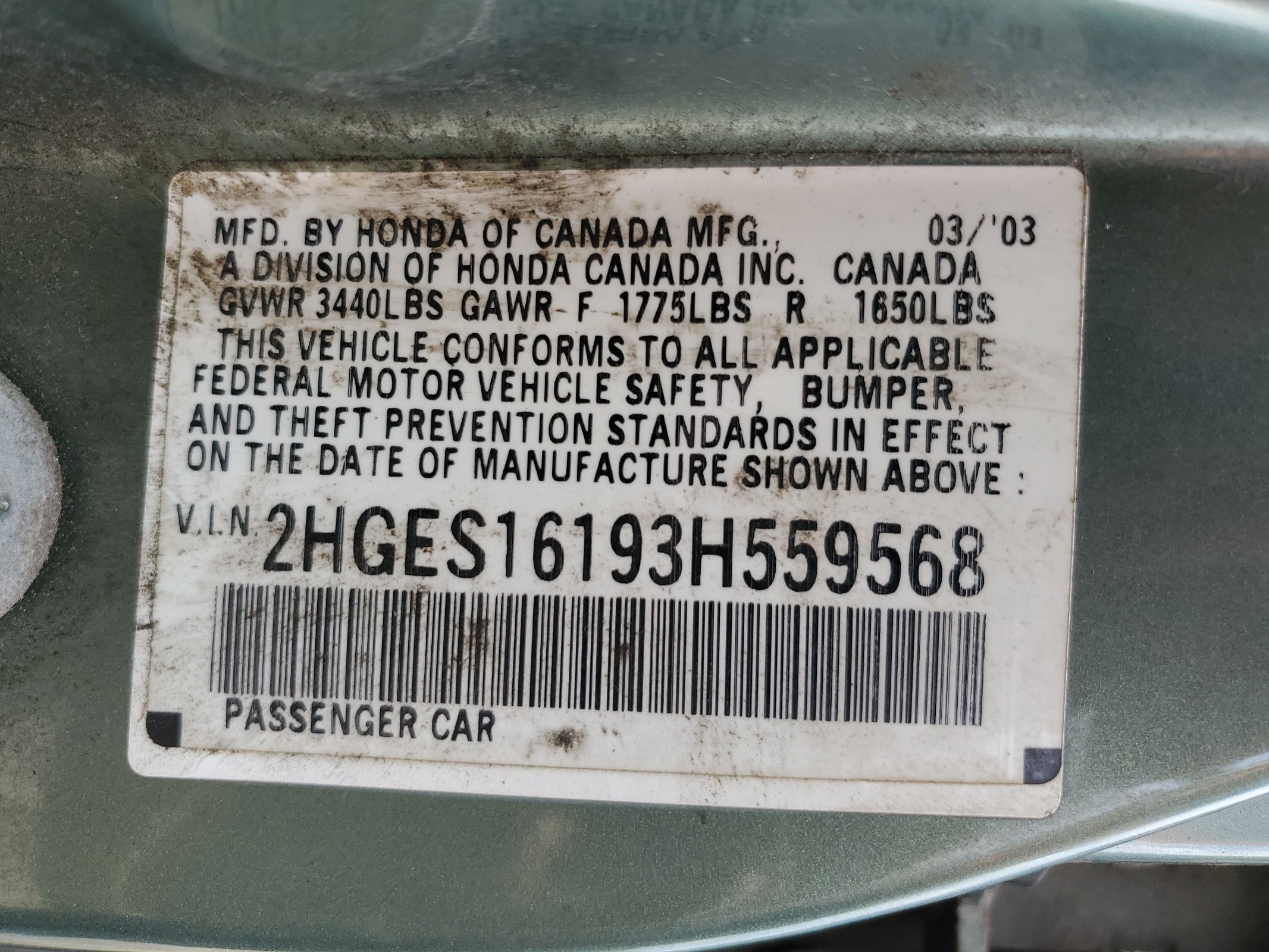 2HGES16193H559568 2003 Honda Civic Dx