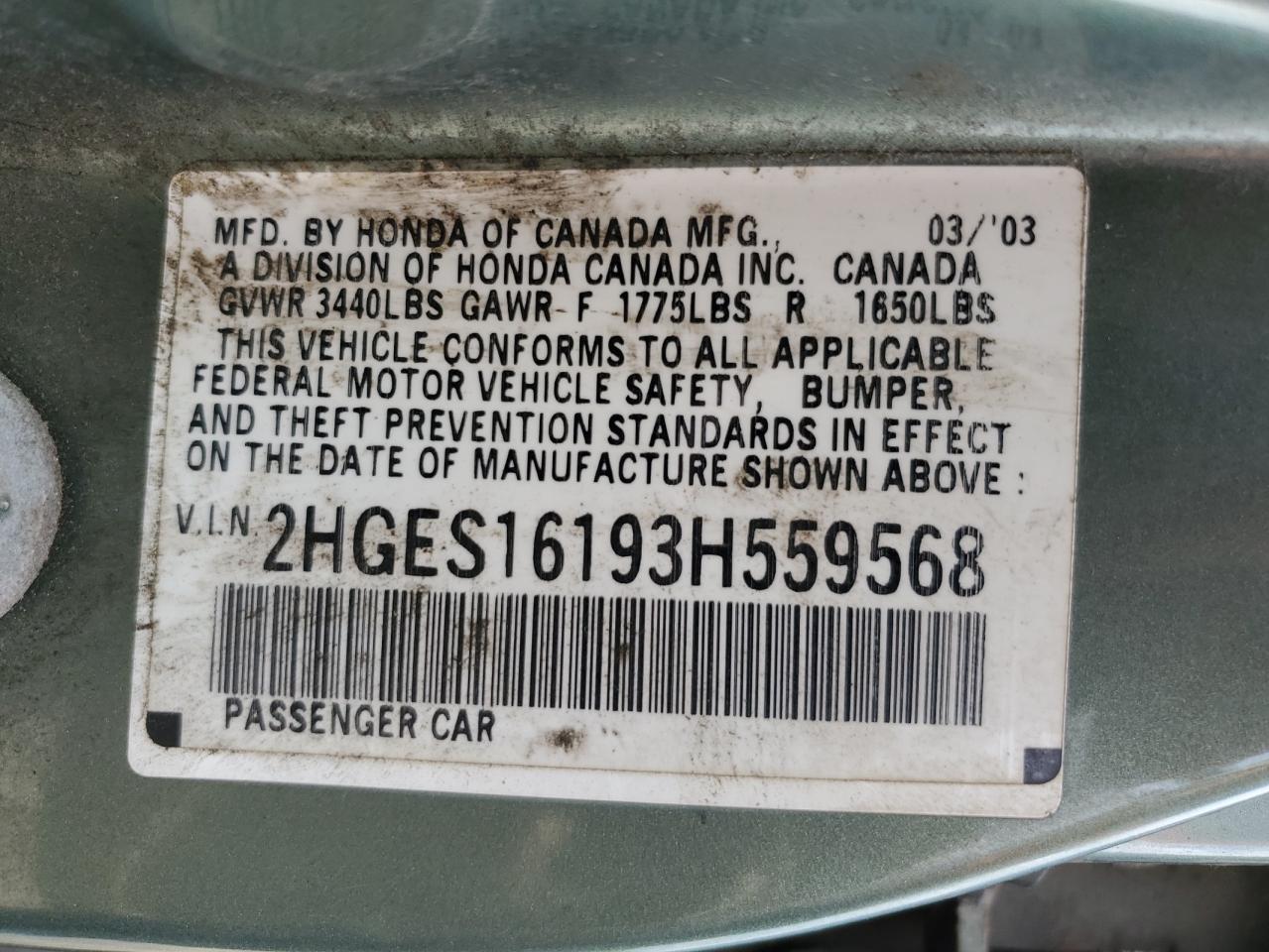 2003 Honda Civic Dx VIN: 2HGES16193H559568 Lot: 64416264