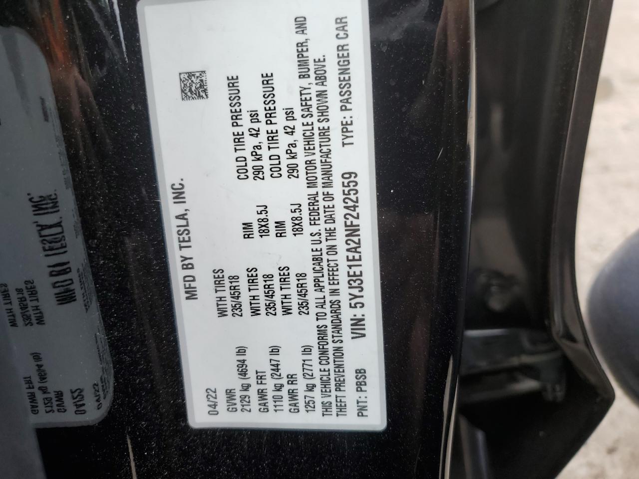 5YJ3E1EA2NF242559 2022 Tesla Model 3