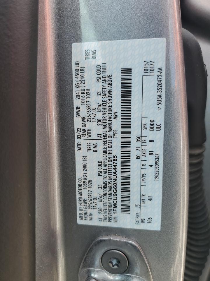 2022 Ford Escape Se VIN: 1FMCU9G60NUA44785 Lot: 63677504