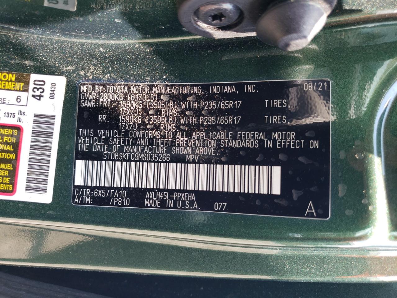 2021 Toyota Sienna Le VIN: 5TDBSKFC9MS035266 Lot: 60607724