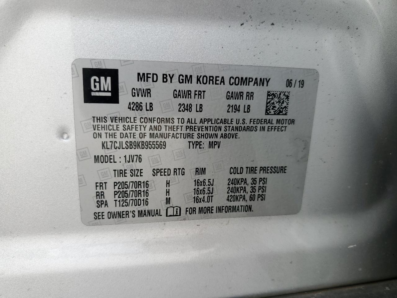 2019 Chevrolet Trax 1Lt VIN: KL7CJLSB9KB955569 Lot: 70013134