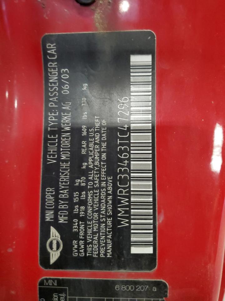 2003 Mini Cooper VIN: WMWRC33463TC47296 Lot: 61148134