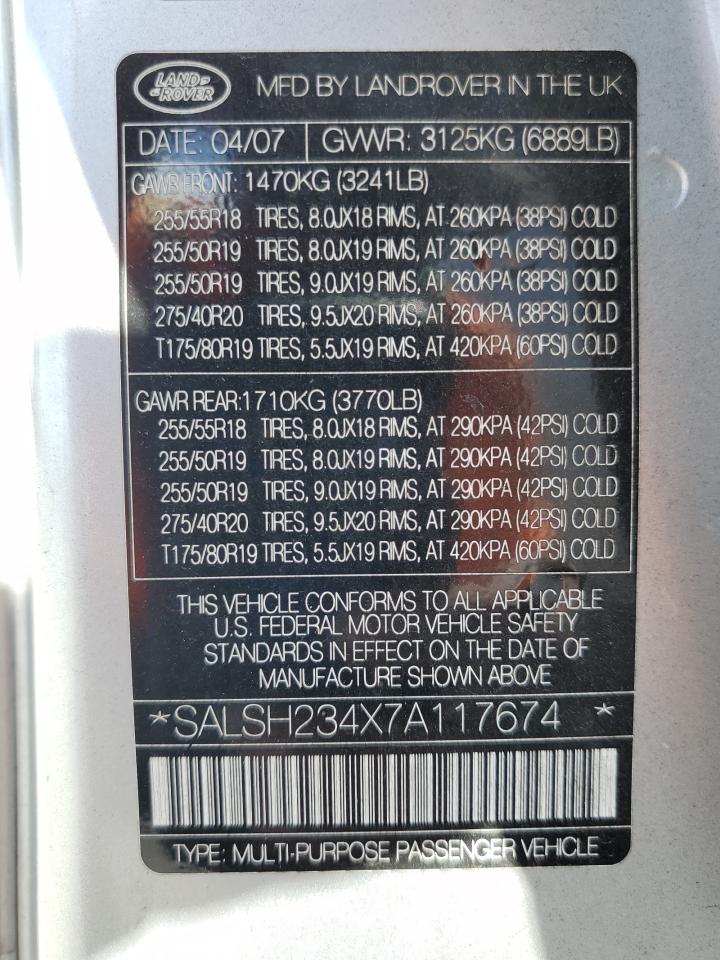 2007 Land Rover Range Rover Sport Supercharged VIN: SALSH234X7A117674 Lot: 62426144