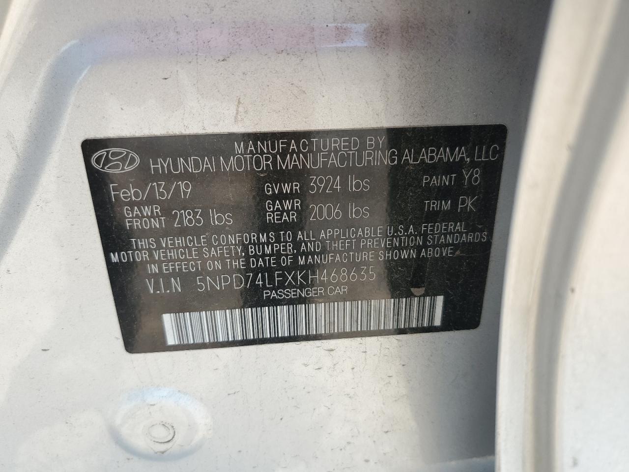 2019 Hyundai Elantra Se VIN: 5NPD74LFXKH468635 Lot: 59882184