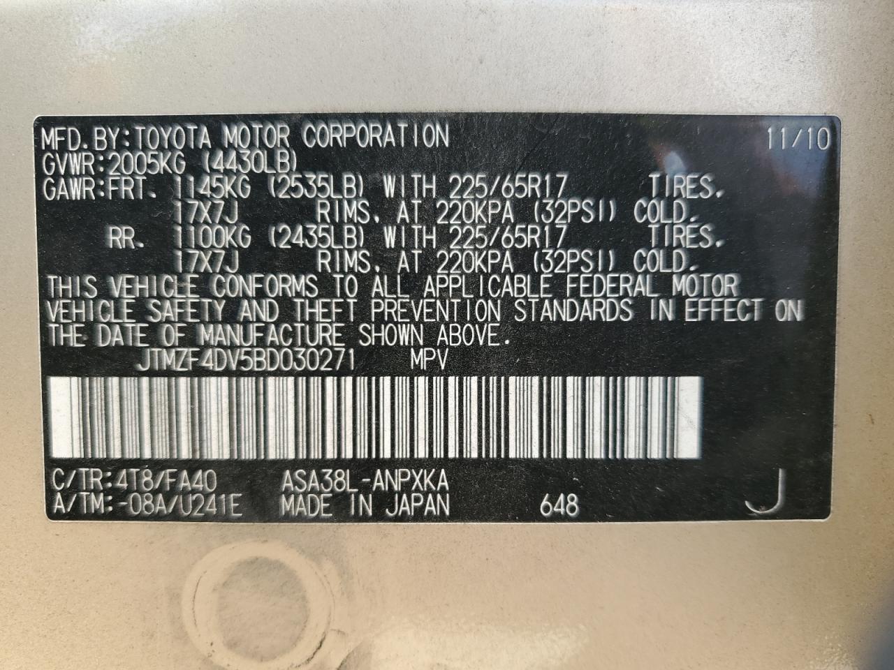 2011 Toyota Rav4 VIN: JTMZF4DV5BD030271 Lot: 63395454