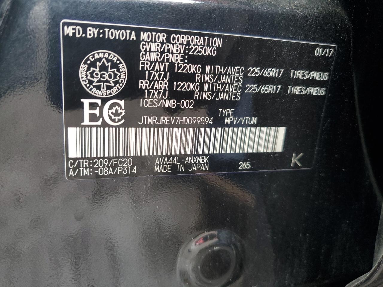 2017 Toyota Rav4 Hv Le VIN: JTMRJREV7HD099594 Lot: 65551994