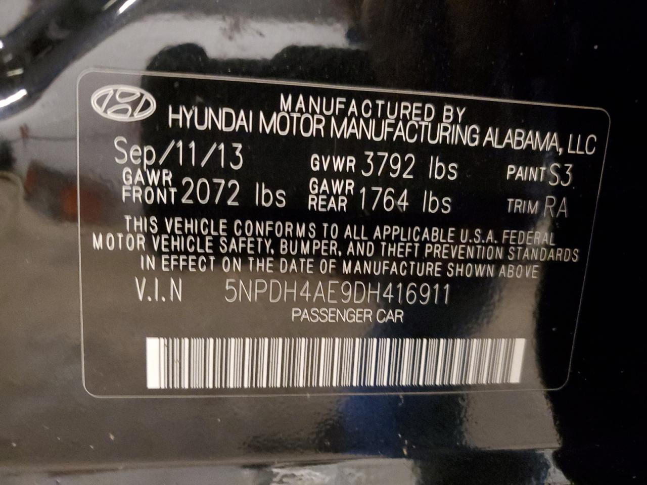 2013 Hyundai Elantra Gls VIN: 5NPDH4AE9DH416911 Lot: 60612584