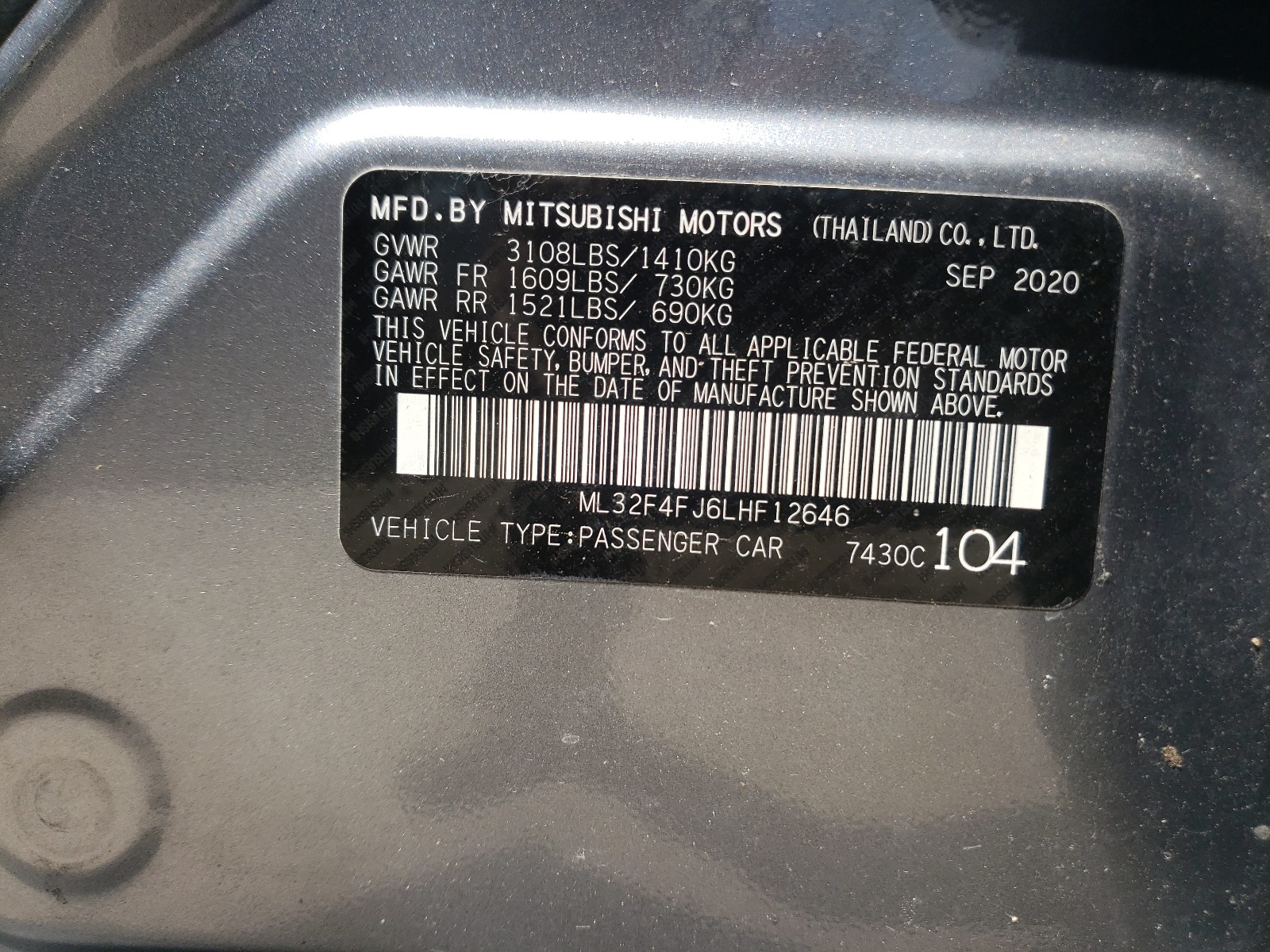 ML32F4FJ6LHF12646 2020 Mitsubishi Mirage G4 Se