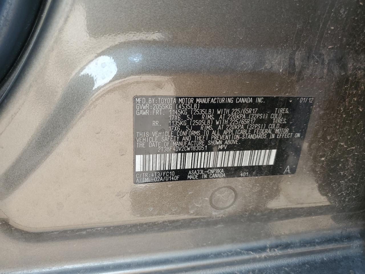 2012 Toyota Rav4 VIN: 2T3BF4DV2CW183051 Lot: 63288704