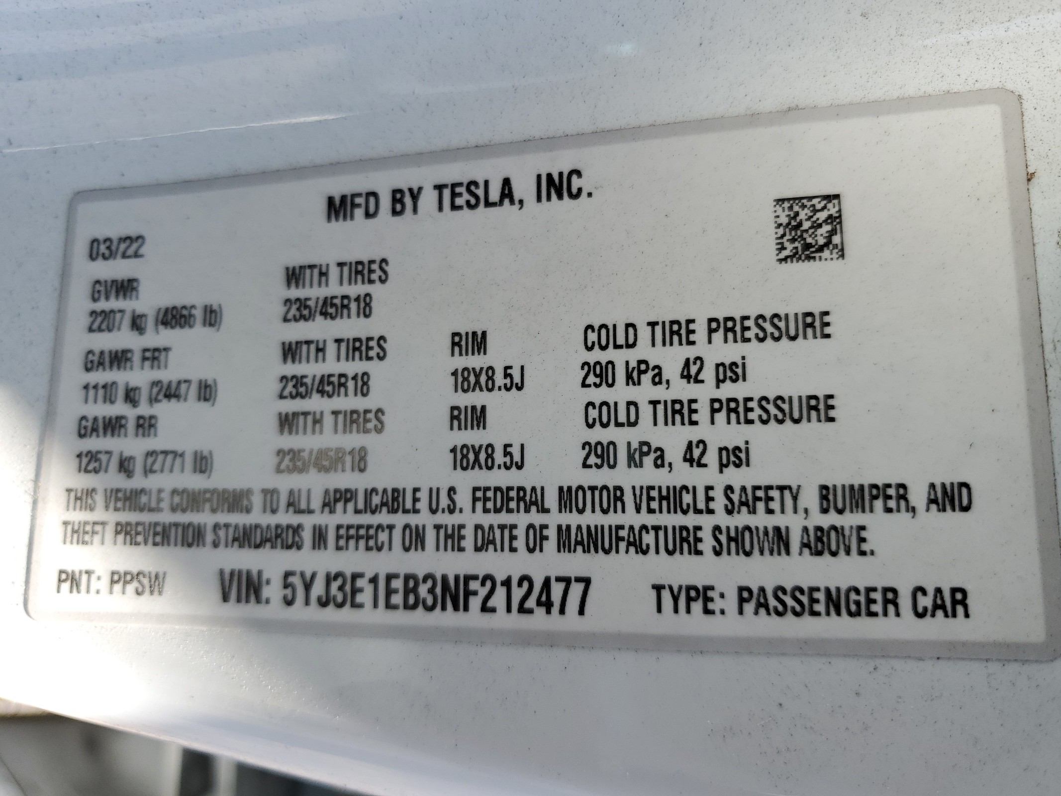 5YJ3E1EB3NF212477 2022 Tesla Model 3