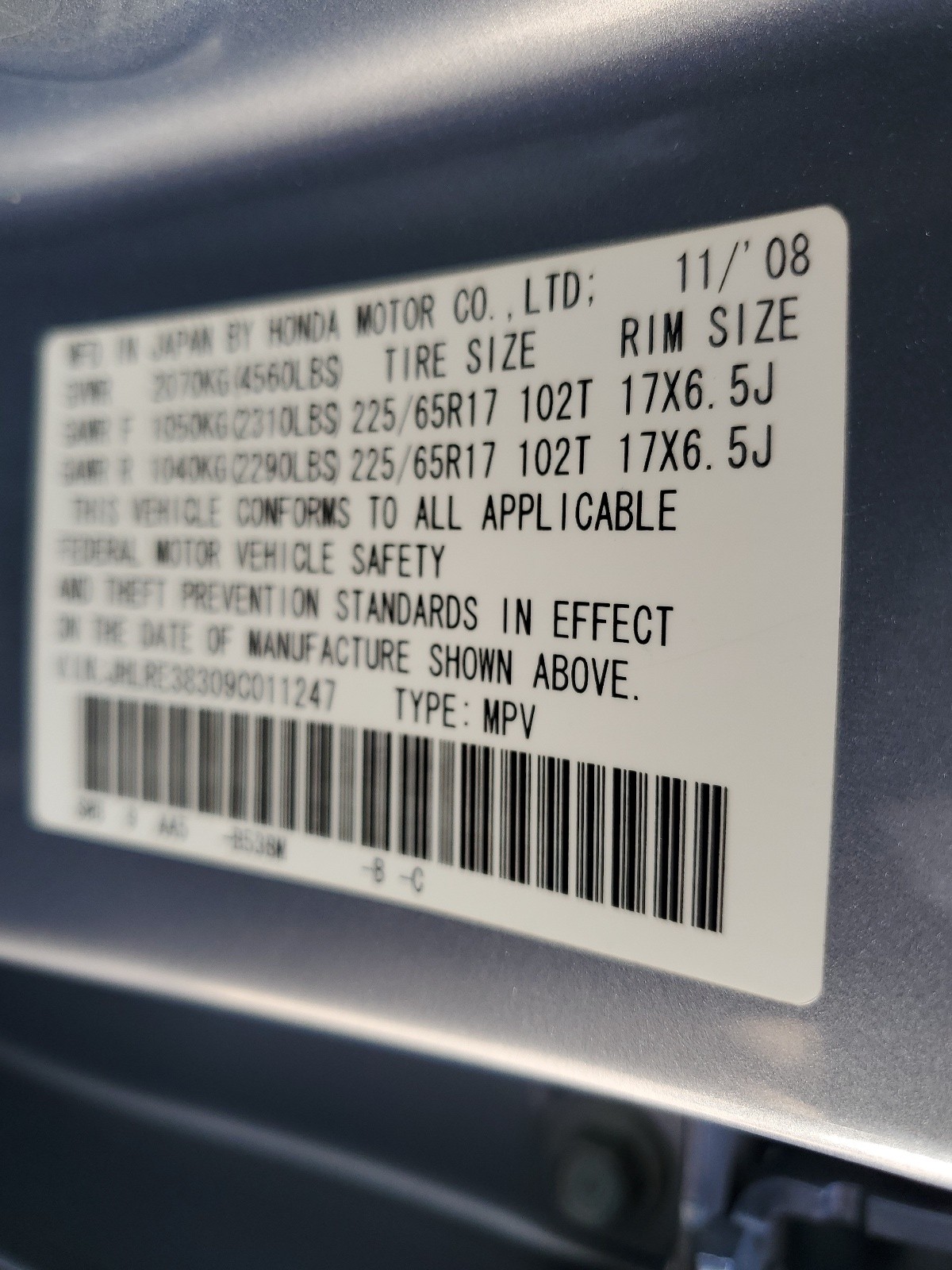 JHLRE38309C011247 2009 Honda Cr-V Lx