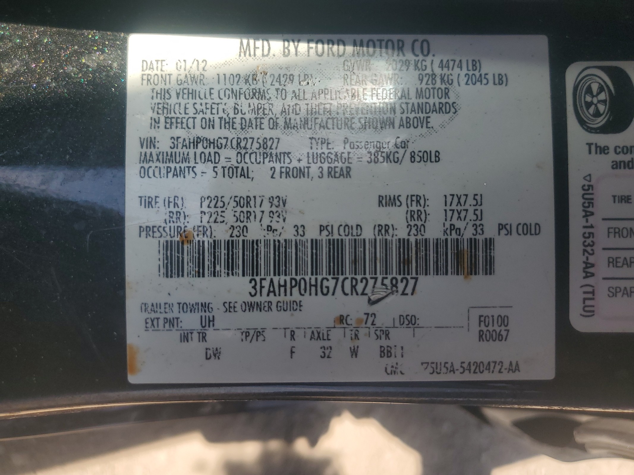 3FAHP0HG7CR275827 2012 Ford Fusion Se