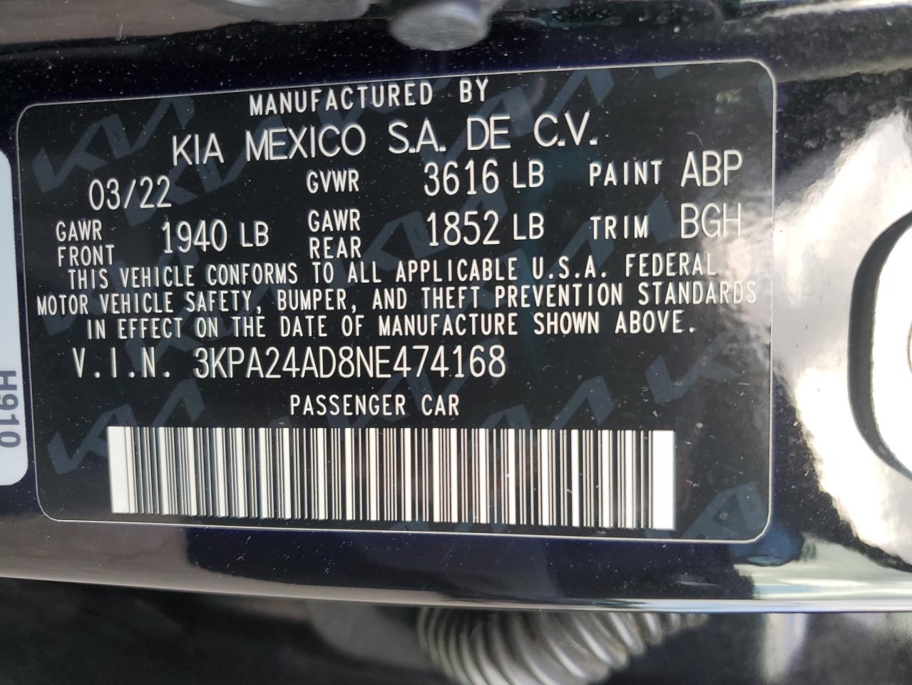 3KPA24AD8NE474168 2022 Kia Rio Lx