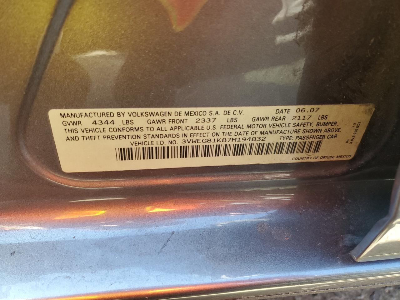 2007 Volkswagen Jetta Wolfsburg VIN: 3VWEG81K87M194832 Lot: 65072714