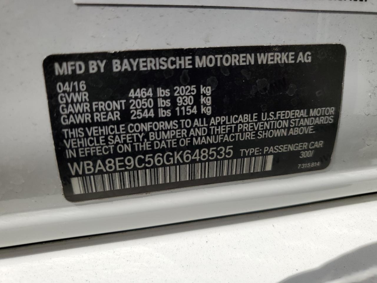 2016 BMW 328 I Sulev VIN: WBA8E9C56GK648535 Lot: 63480134