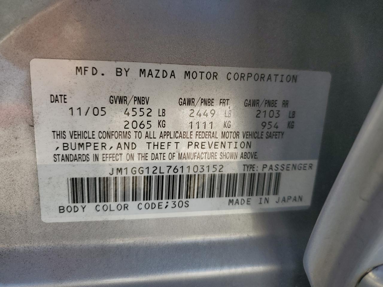 2006 Mazda Speed 6 VIN: JM1GG12L761103152 Lot: 61725554