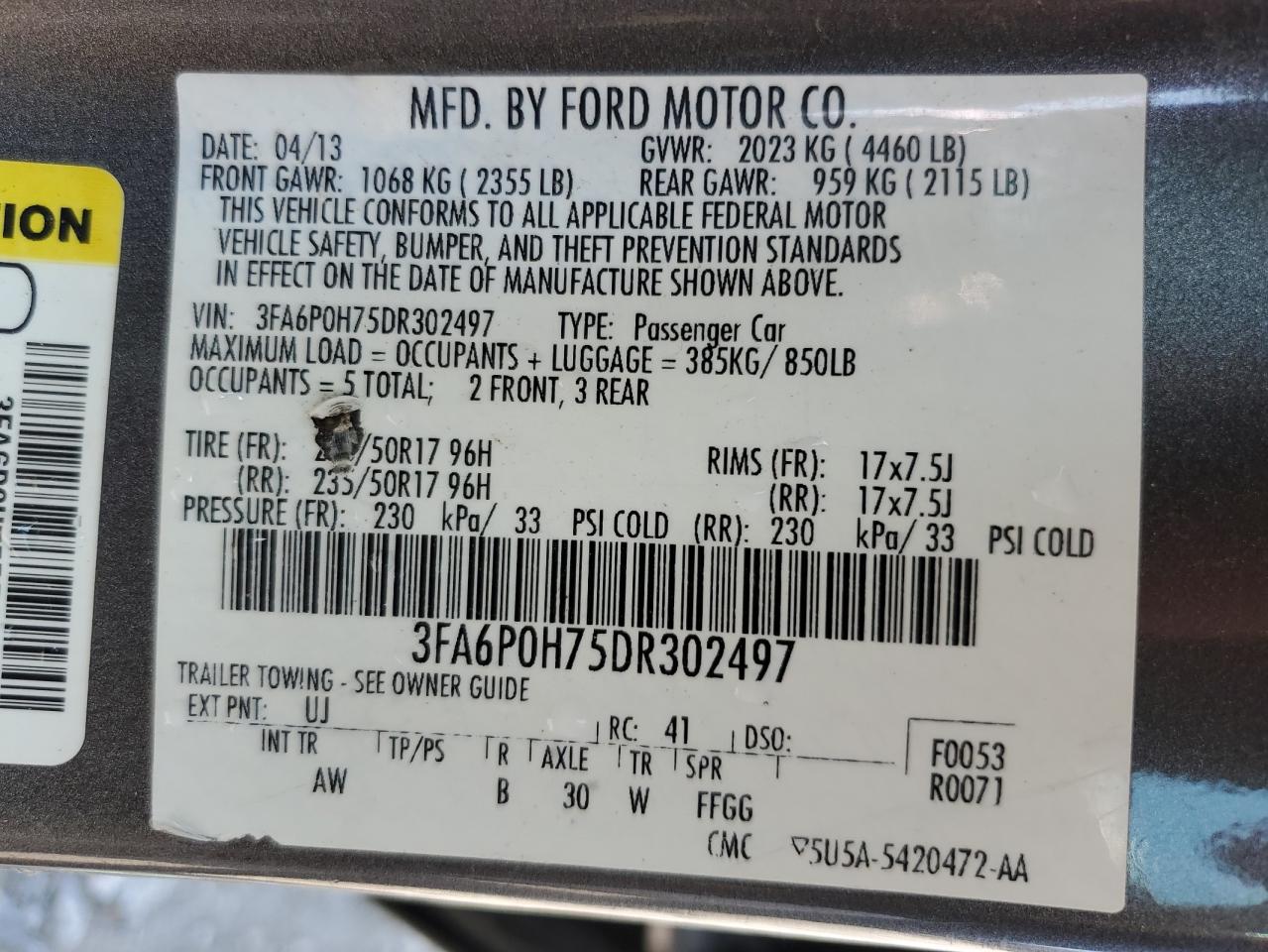 2013 Ford Fusion Se VIN: 3FA6P0H75DR302497 Lot: 61236244