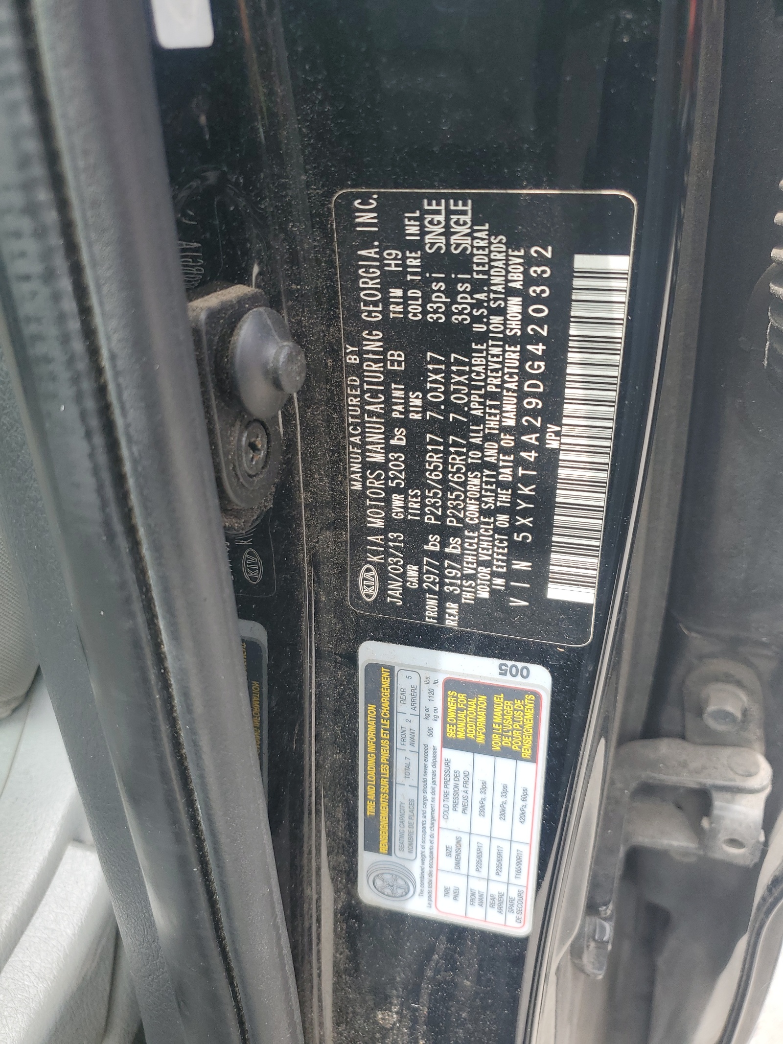 5XYKT4A29DG420332 2013 Kia Sorento Lx