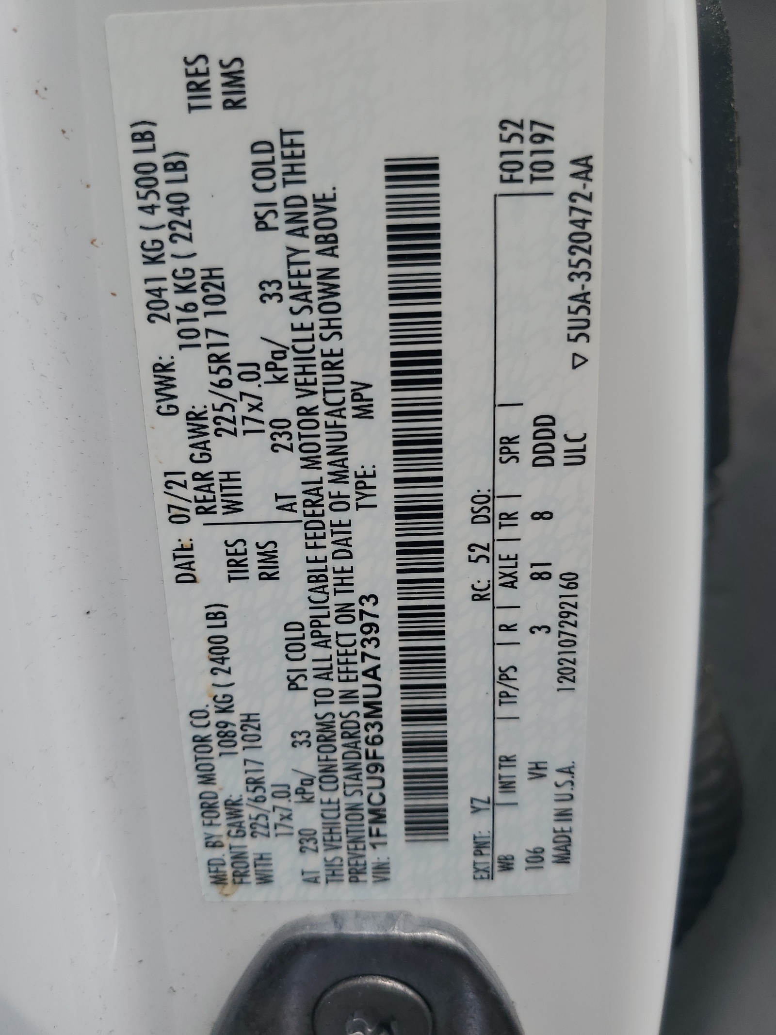 1FMCU9F63MUA73973 2021 Ford Escape S