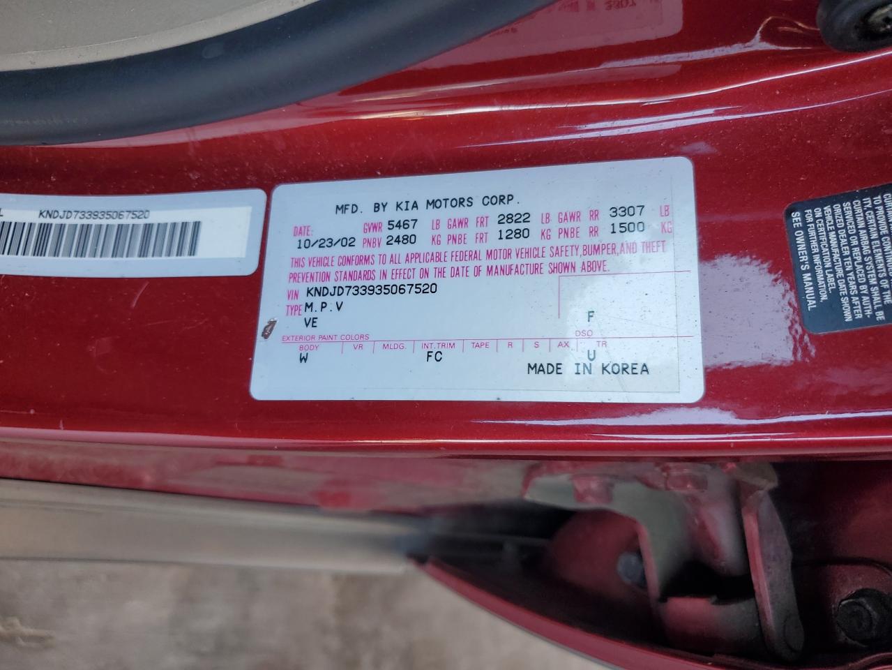 2003 Kia Sorento Ex VIN: KNDJD733935067520 Lot: 63920904