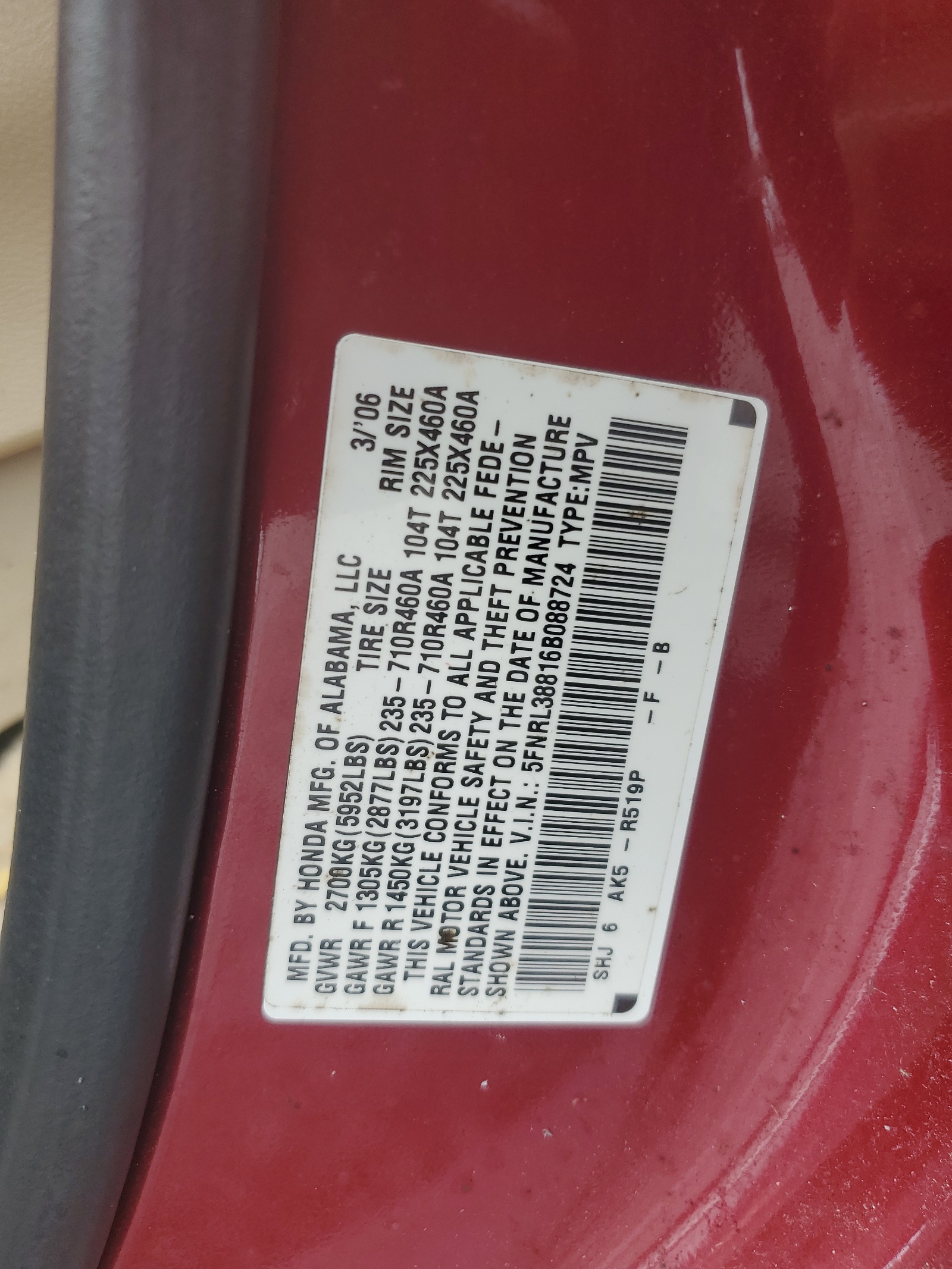 5FNRL38816B088724 2006 Honda Odyssey Touring