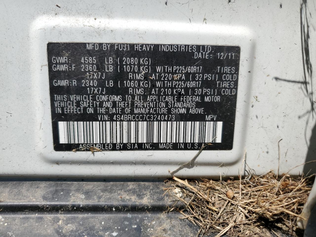 2012 Subaru Outback 2.5I Premium VIN: 4S4BRCCC7C3240473 Lot: 65164564