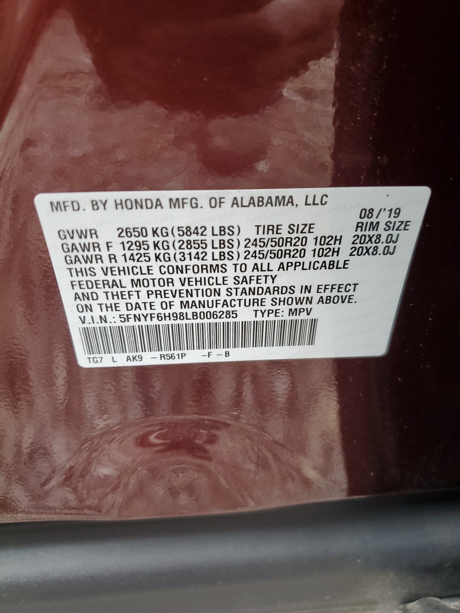 5FNYF6H98LB006285 2020 Honda Pilot Touring