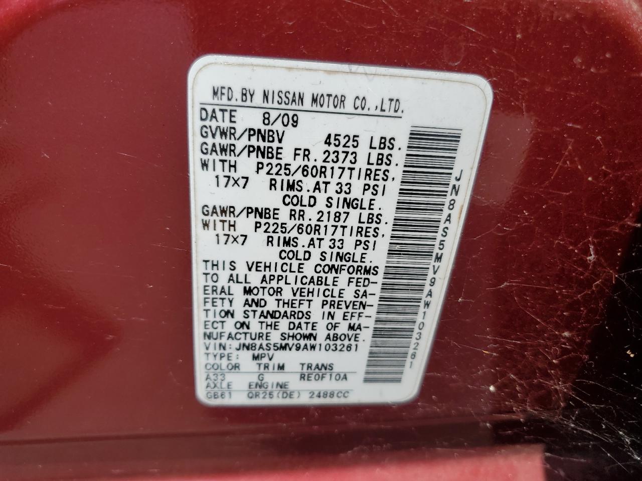 2010 Nissan Rogue S VIN: JN8AS5MV9AW103261 Lot: 62360674