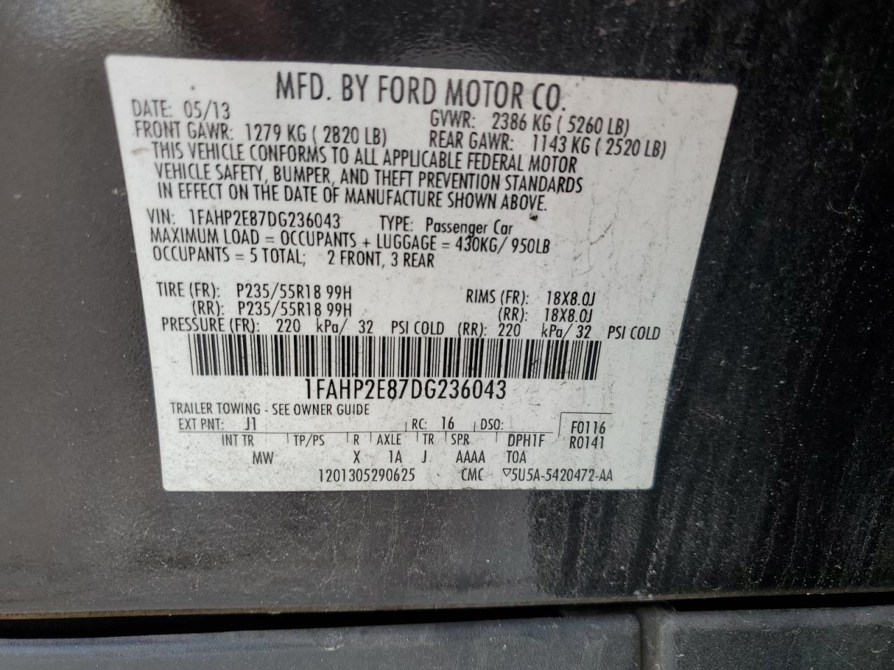 2013 Ford Taurus Sel VIN: 1FAHP2E87DG236043 Lot: 64027994