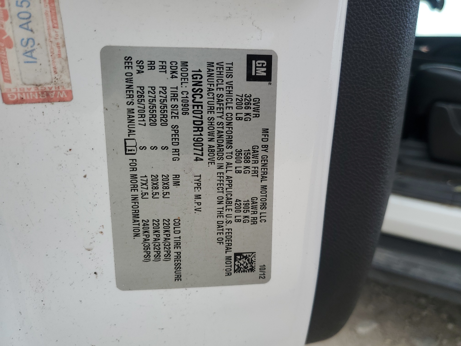 1GNSCJE07DR190774 2013 Chevrolet Suburban C1500 Lt