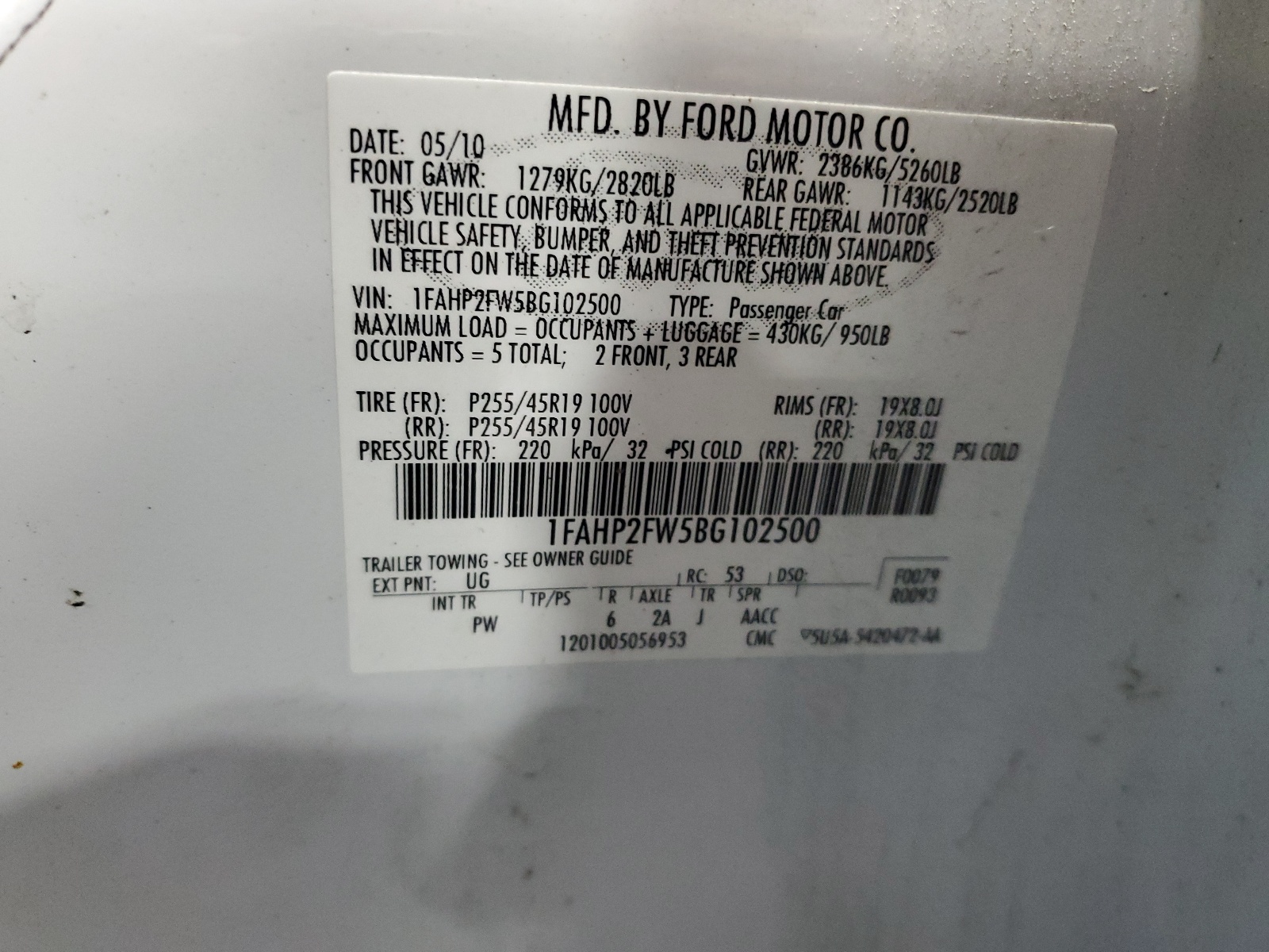 1FAHP2FW5BG102500 2011 Ford Taurus Limited