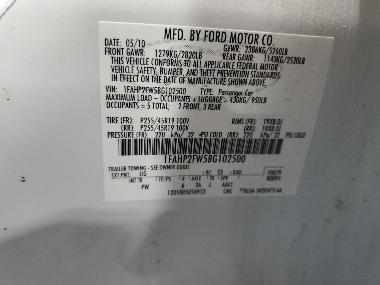 2011 Ford Taurus Limited VIN: 1FAHP2FW5BG102500 Lot: 63331654