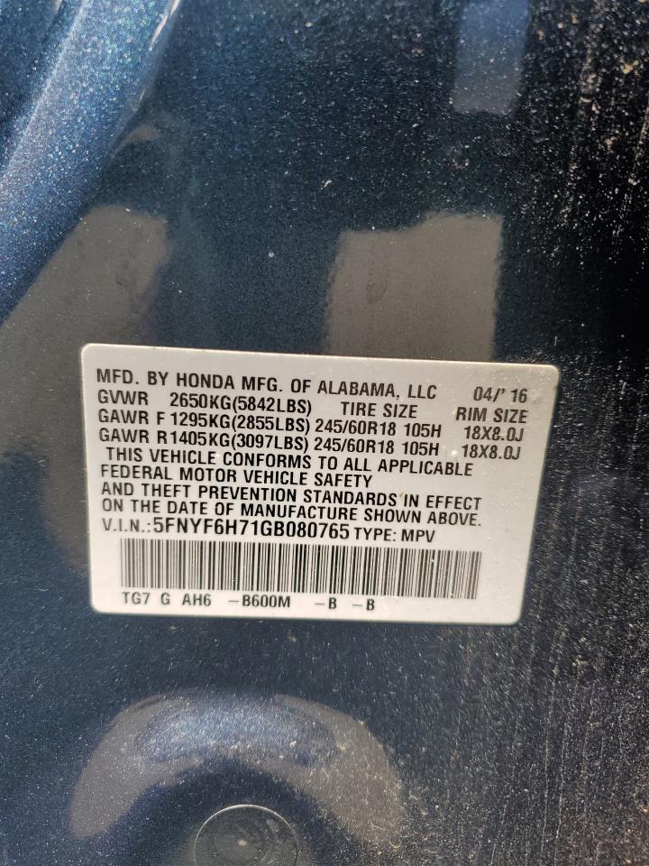 2016 Honda Pilot Exln VIN: 5FNYF6H71GB080765 Lot: 64721554